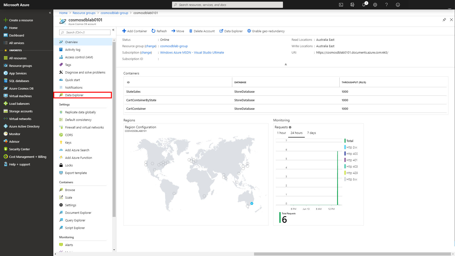 The Cosmos DB resource with the Data Explorer highlighted