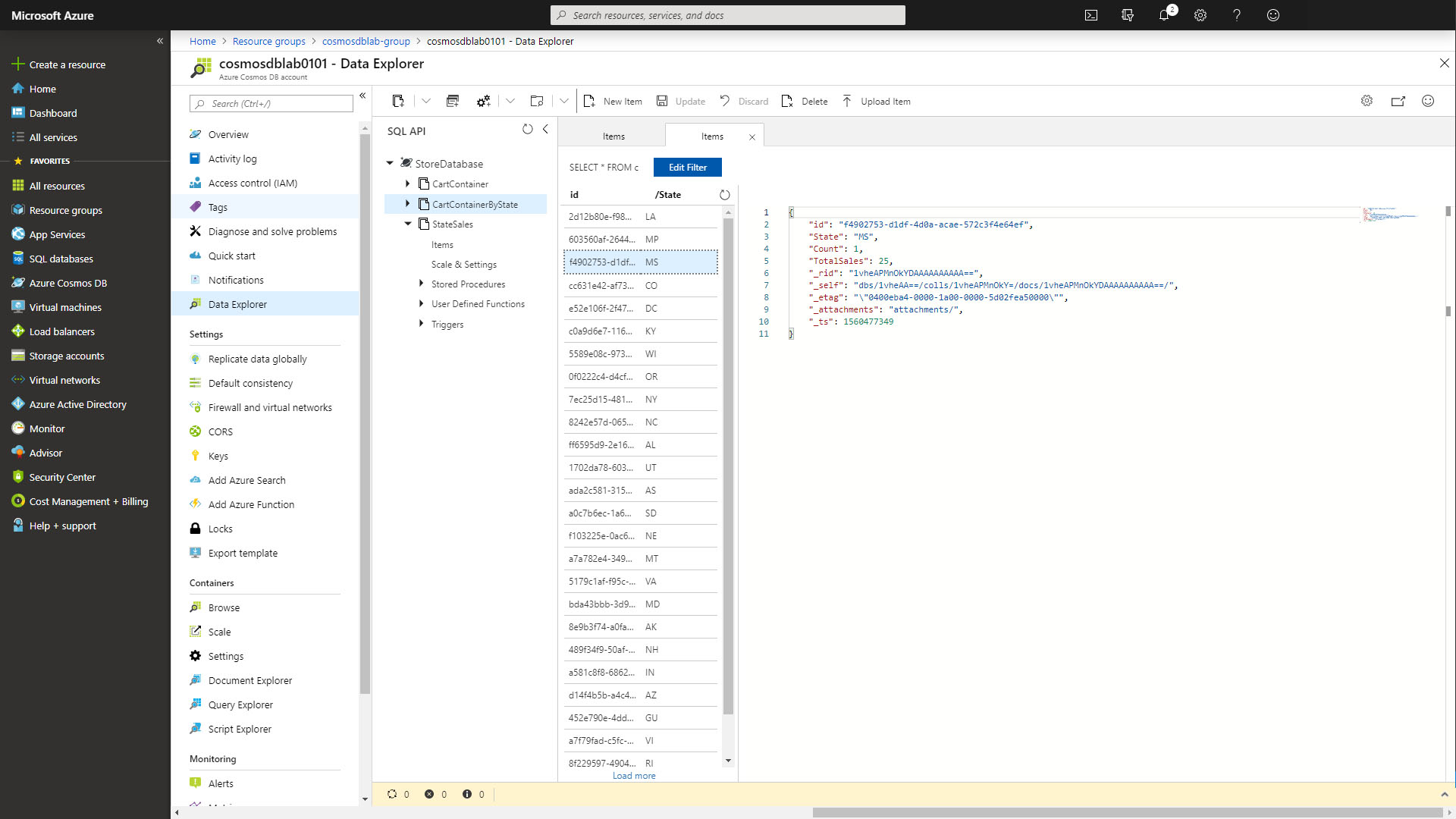 The Cosmos DB StateSales container is displayed