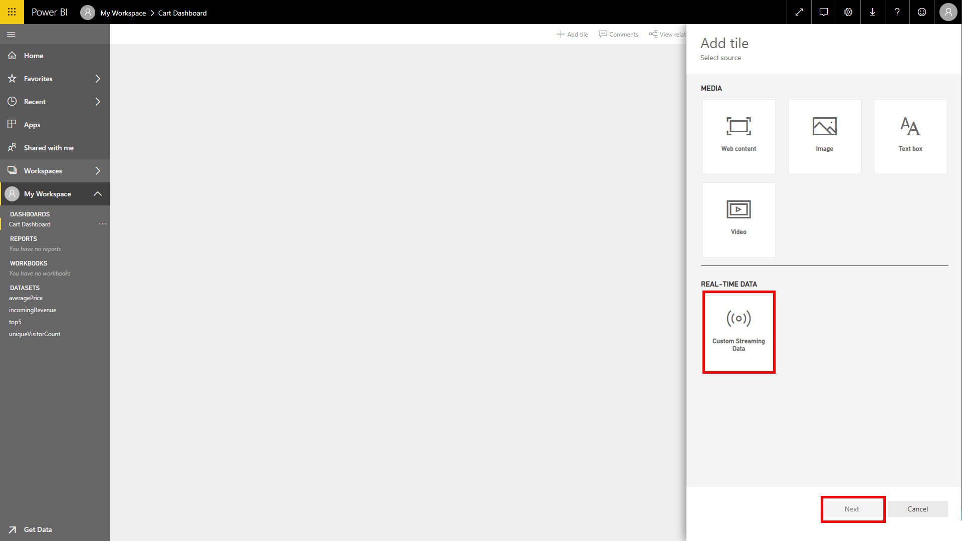 The real-time data streaming tile is highlighted.