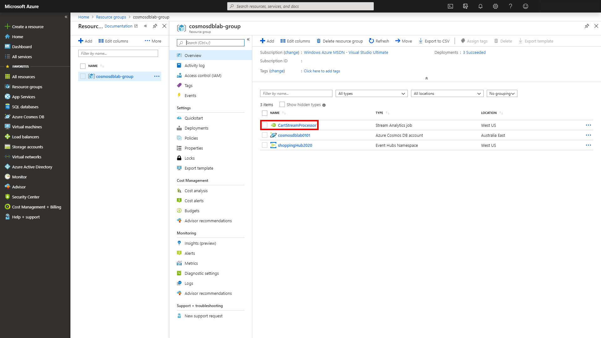 Stream Analytics is highlighted