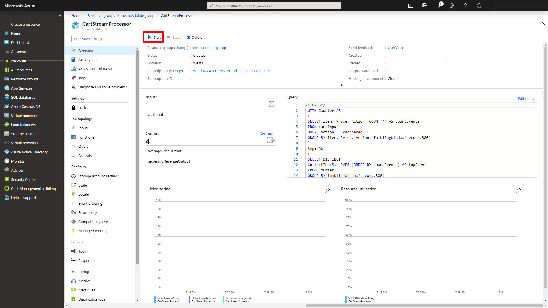 The start link is highlighted