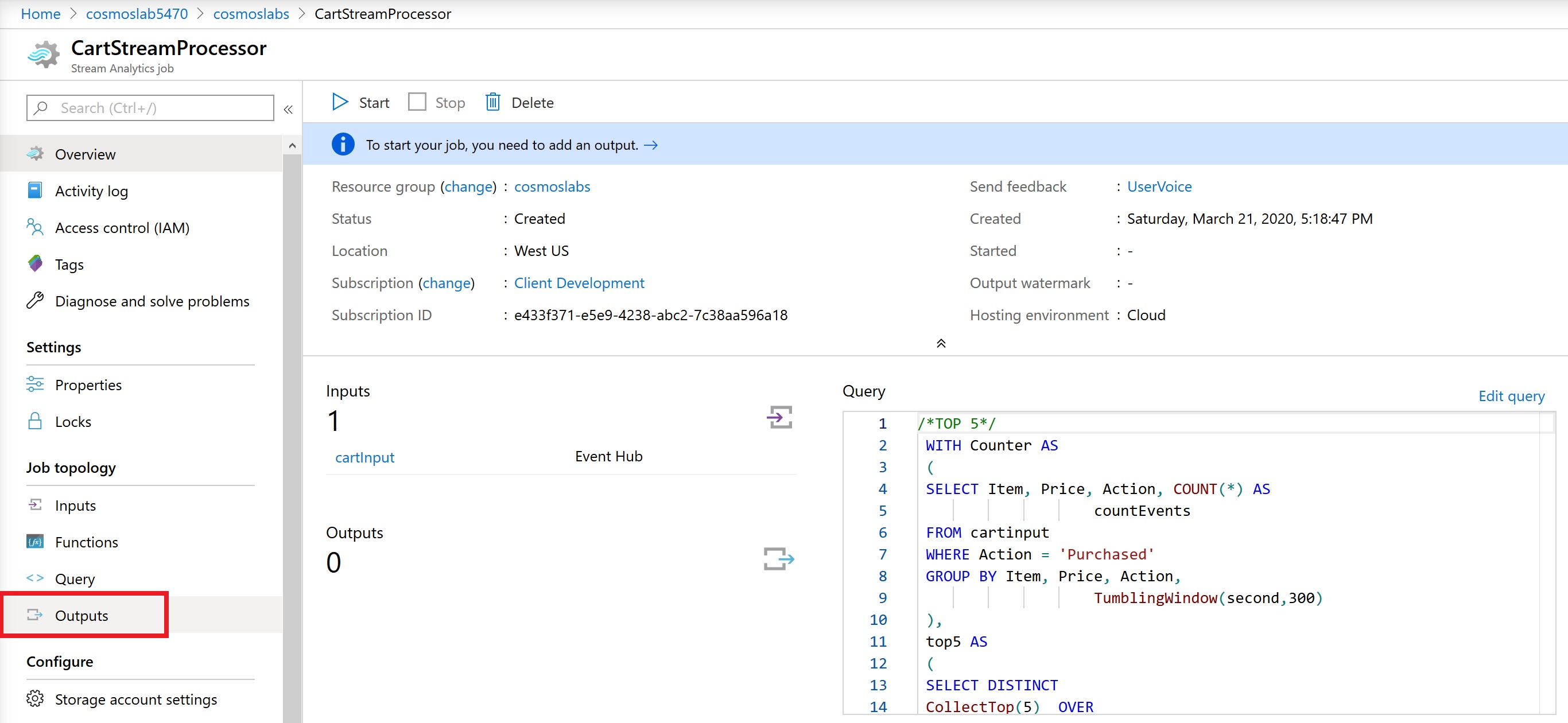 The Stream Analytics resource overview blade is displayed