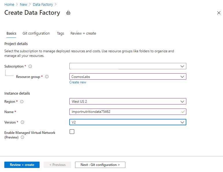 The new data factory dialog is displayed