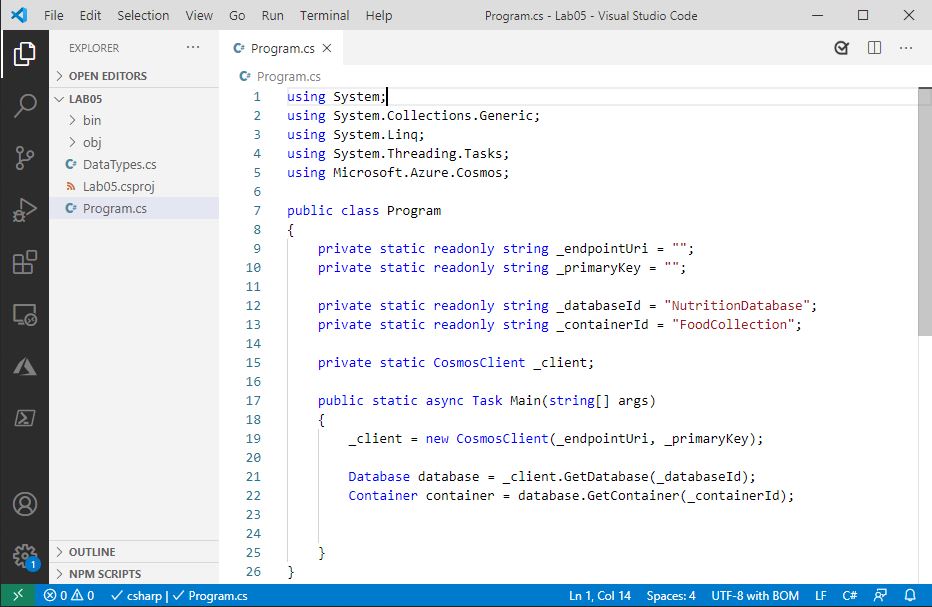 Visual Studio Code editor is displayed with the program.cs file highlighted