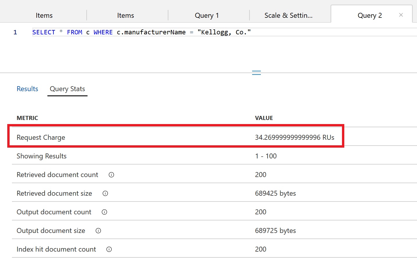 Query metrics are displayed for the previous query