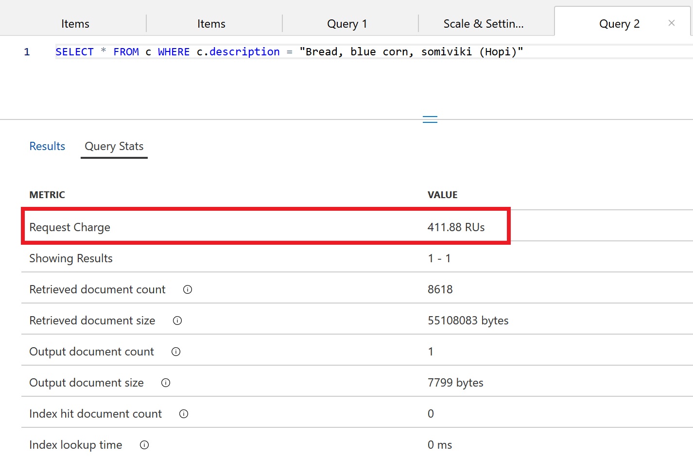 Query metrics are displayed for the previous query